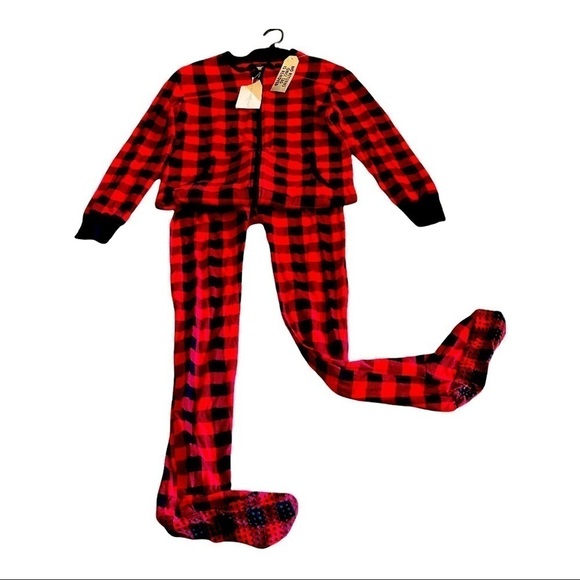 SILVER LILLY Footed Fleece One Piece Buffalo Plaid Pajama Cabincore Cottagecore - Picture 6 of 7